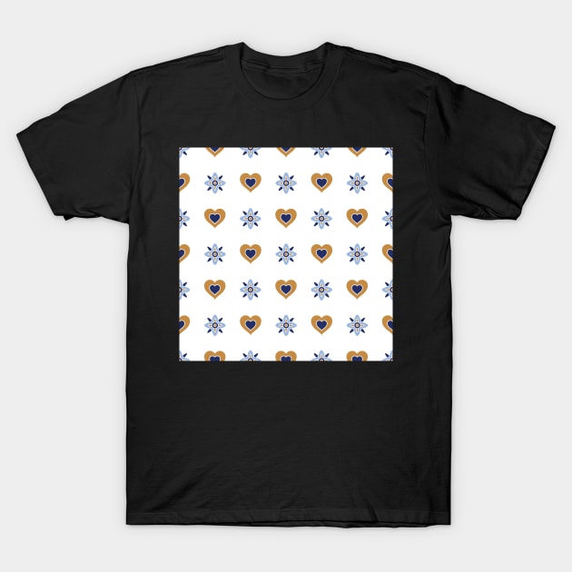 Gold And Blue Hearts Pattern T-Shirt by Blue-Banana